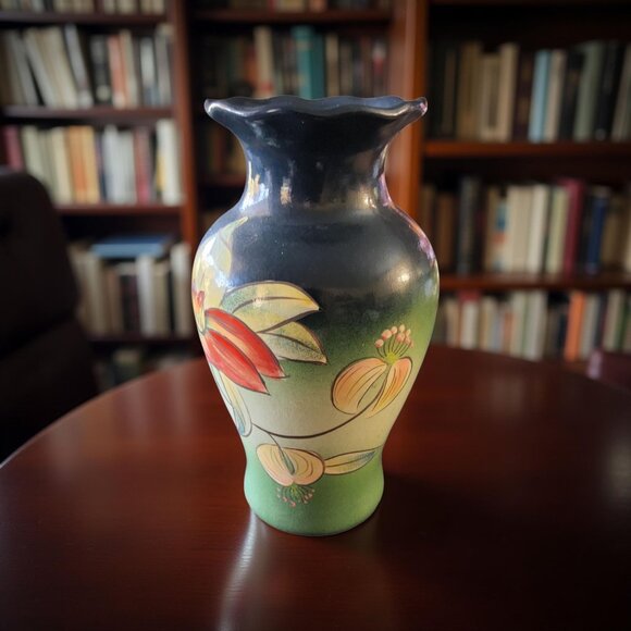 Vintage Hand - Painted Orchid Floral Clay Art Nouveau Vase - Picture 4 of 9